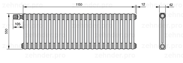 Схема (чертеж) Радиатор Zehnder Charleston 2055/25 №V012 Белый глянцевый RAL 9016